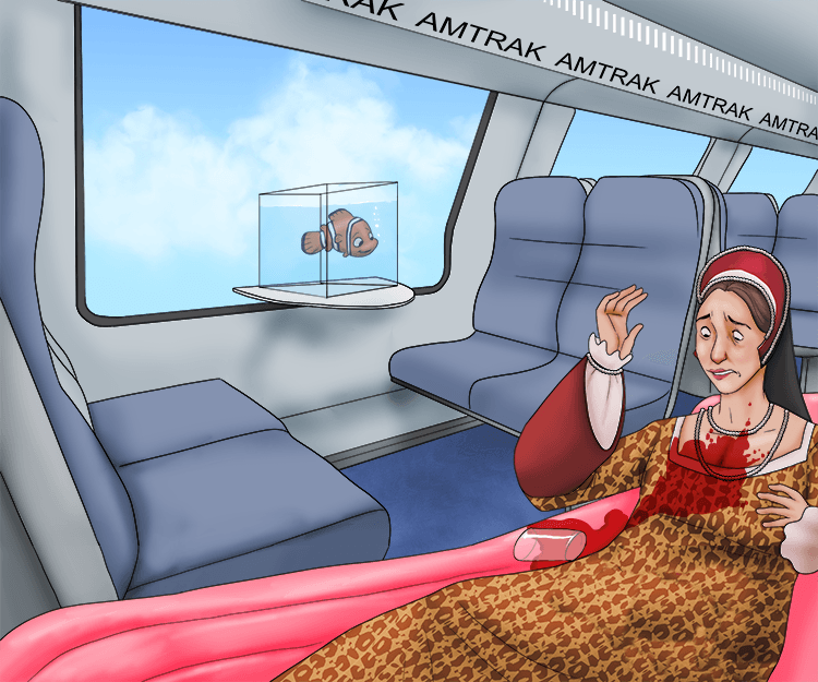 Nemo the fish loved watching Mary drop her bloody Mary on her lilo mattress while riding on the Amtrak train.